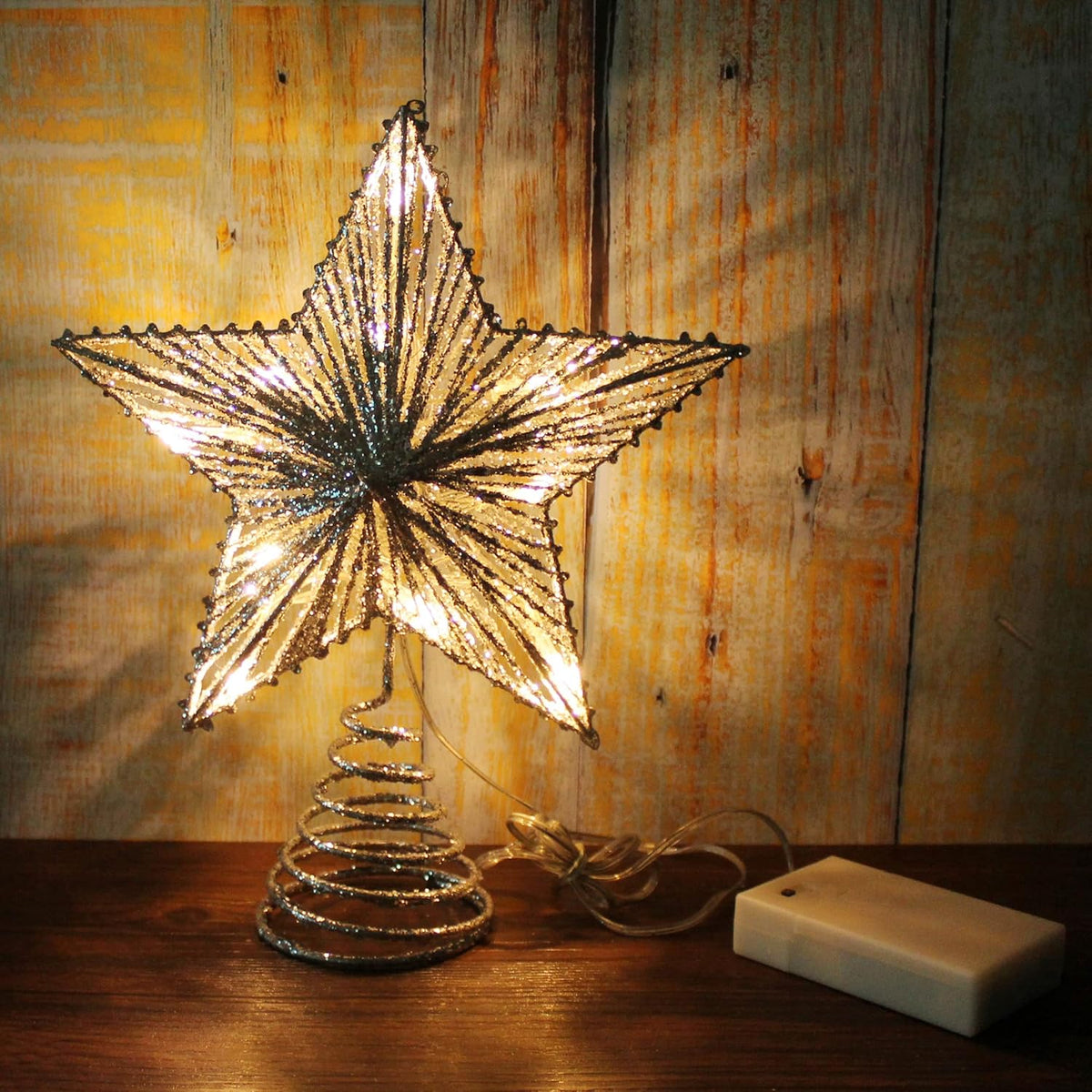 CVHOMEDECO. Silver Glittered 3D Tree Top Star with Warm White LED Lights and Timer for Christmas Tree Decoration and Holiday Seasonal Décor, 8 x 10 Inch