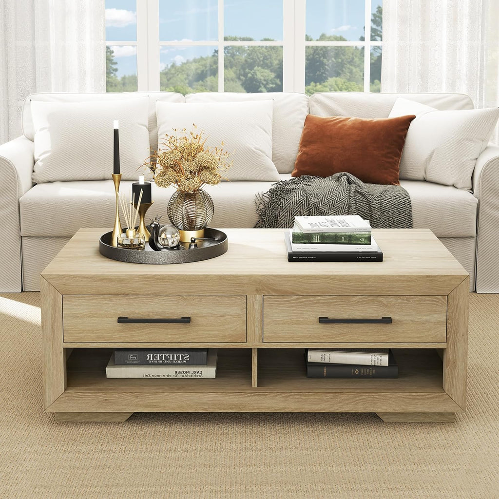 Hazel Coffee Table with 4 Storage Drawers and Open Shelf, Metal Handles, Rectangular Modern Luxury Table for Living Room