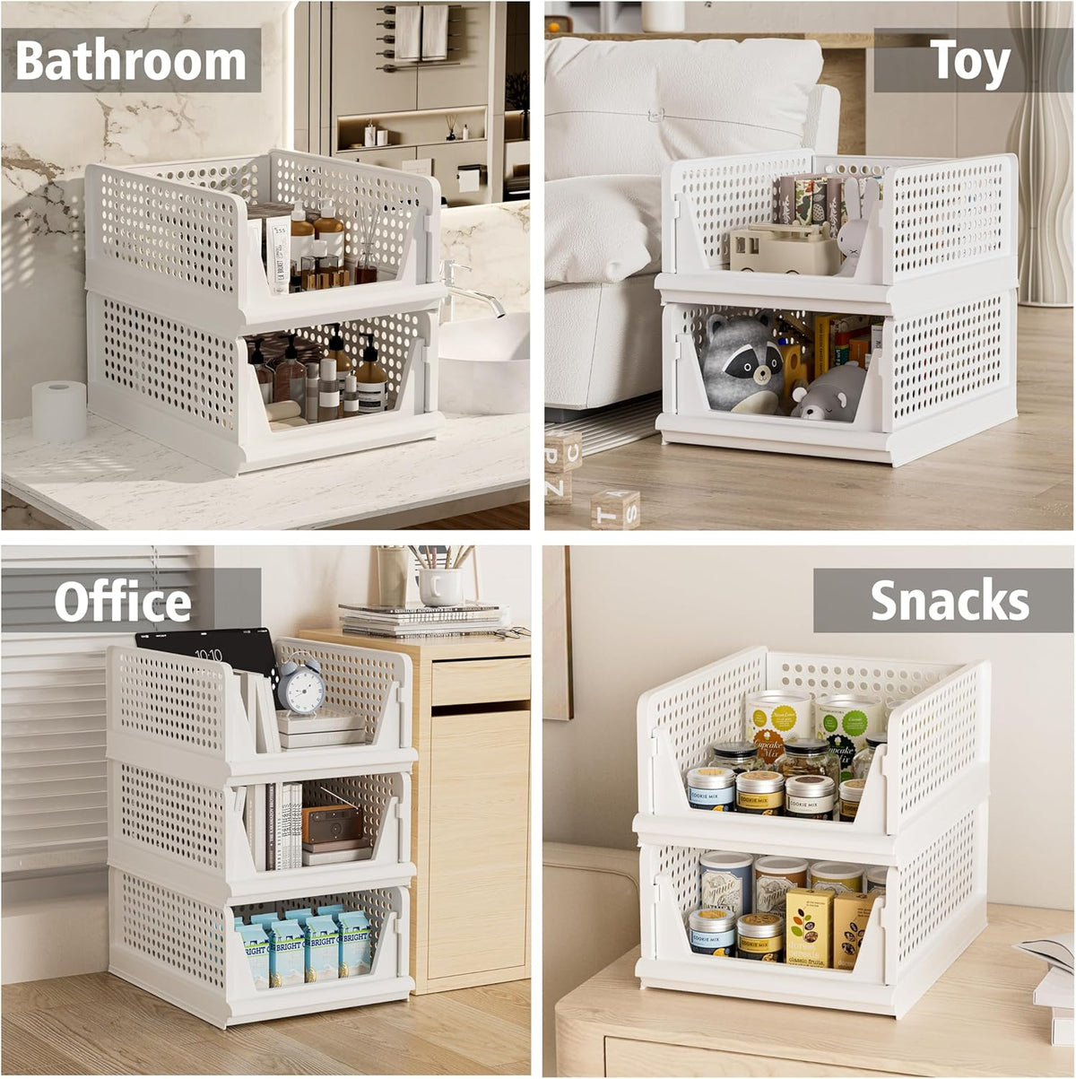 Stackable Plastic Storage Basket Closet Organizer Bin Foldable Clothes Organizer Storage Drawer Shelf Container for Living Room Bathroom Kitchen Office Laundry Room
