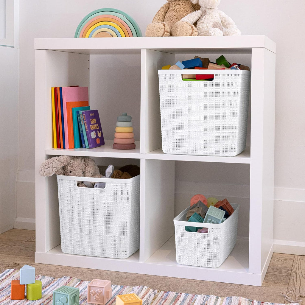 Curver Jute Decorative Plastic Organization and Storage Basket Perfect Bins for Home Office, Closet Shelves, Kitchen Pantry and All Bedroom Essentials, White, Large Cube, Set of 4
