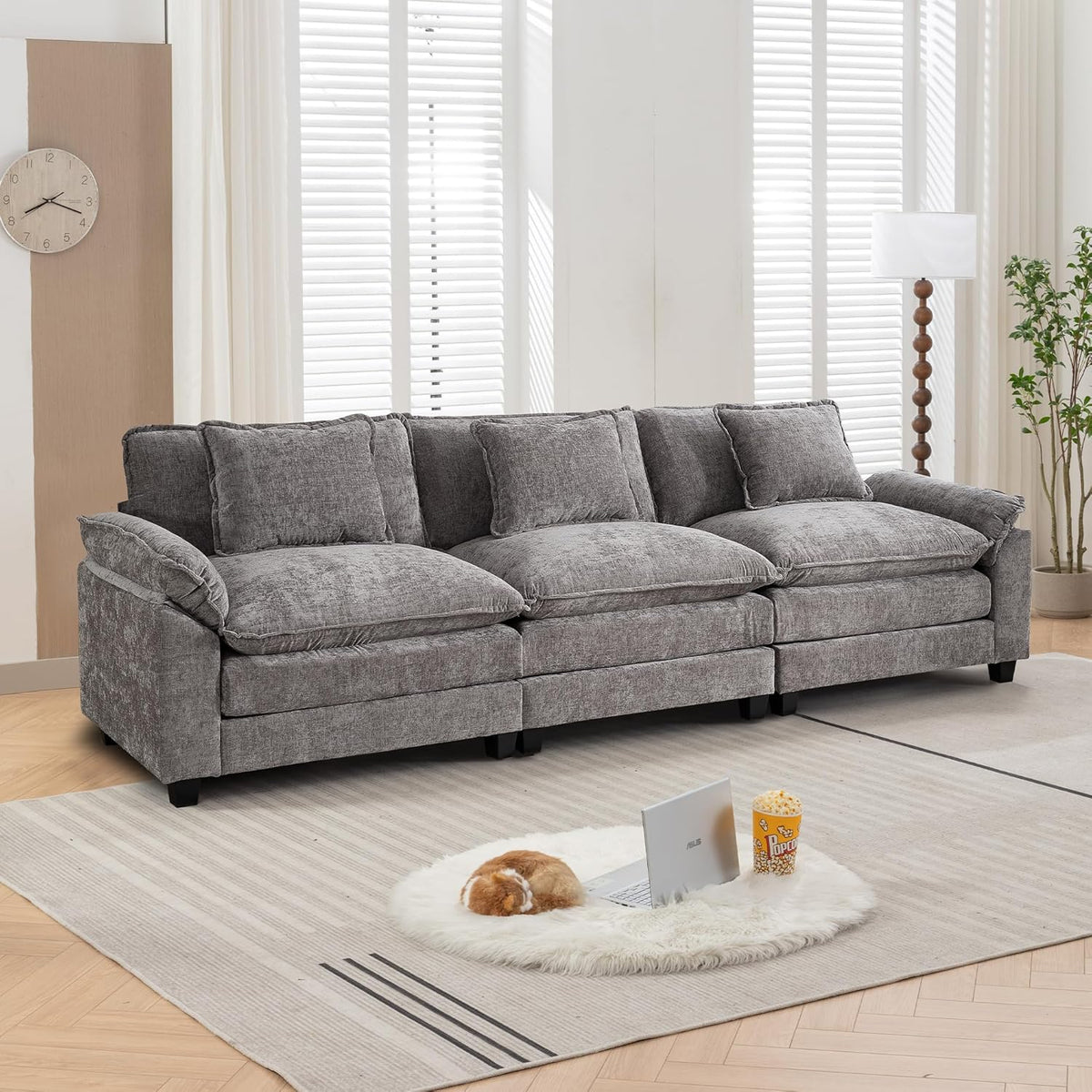 URRED Modular Sectional Sofa Comfy Cloud Couch, Modern Chenille Sofa Sleeper Deep Seat Couches with Ottoman/Pillows for Living Room (Gray, 117'')