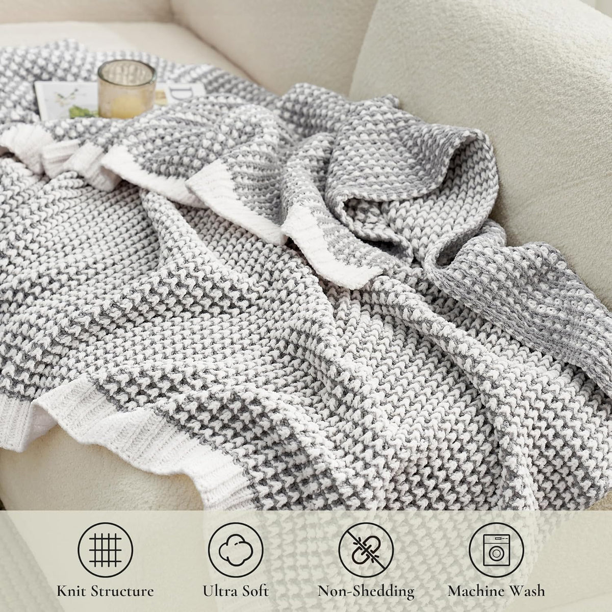 Amélie Home Chenille Waffle Throw Blanket for Couch, Reversible Pineapple Stitch Knit Soft Cozy Knit Blanket Lightweight Warm Decorative Throw for Sofa, Bed, Living Room, 50"x60", Grey&Ivory