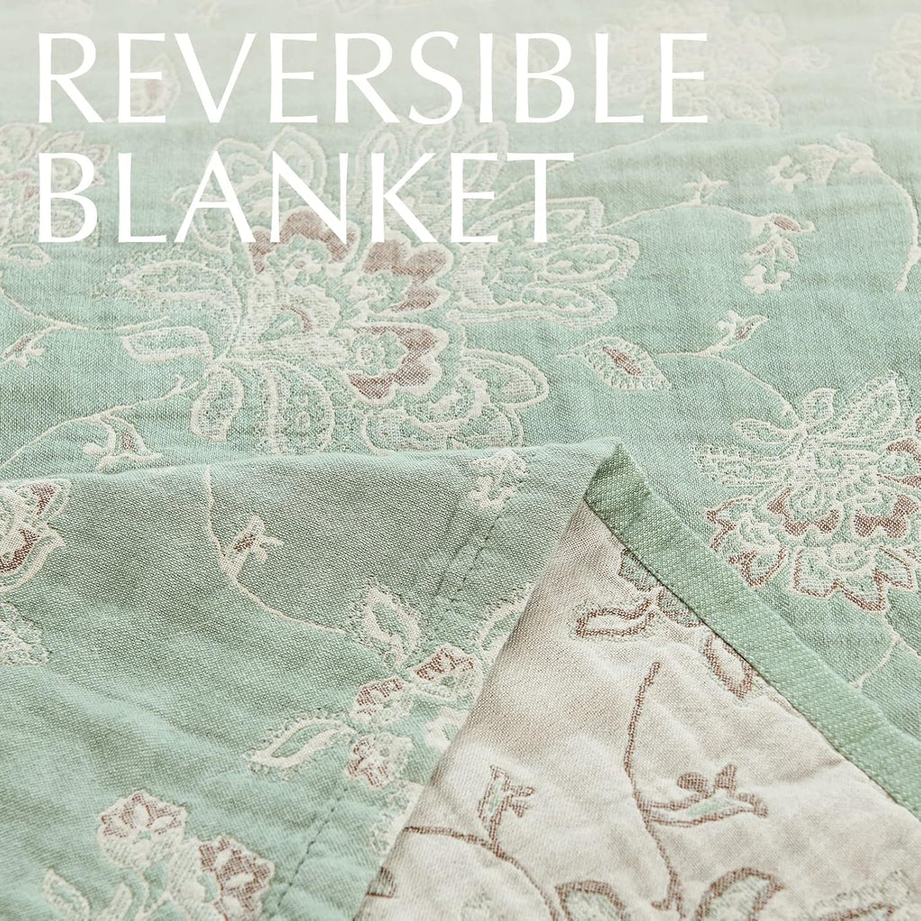 jinchan Boho 100% Cotton Muslin Twin Size 60x80 Inches Blanket Lightweight 4-Layer Quilted Soft Green and Beige Floral Throw Blanket Reversible Comfy Flower Breathable All Seasons Couch Bedroom Decor