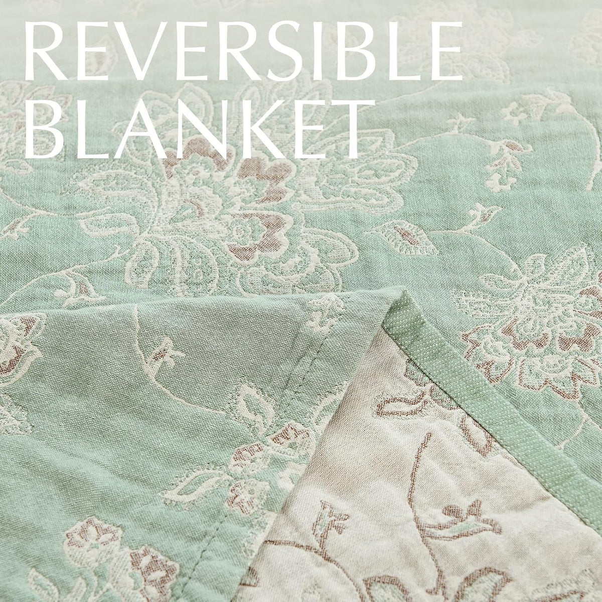 jinchan Boho 100% Cotton Muslin Twin Size 60x80 Inches Blanket Lightweight 4-Layer Quilted Soft Green and Beige Floral Throw Blanket Reversible Comfy Flower Breathable All Seasons Couch Bedroom Decor
