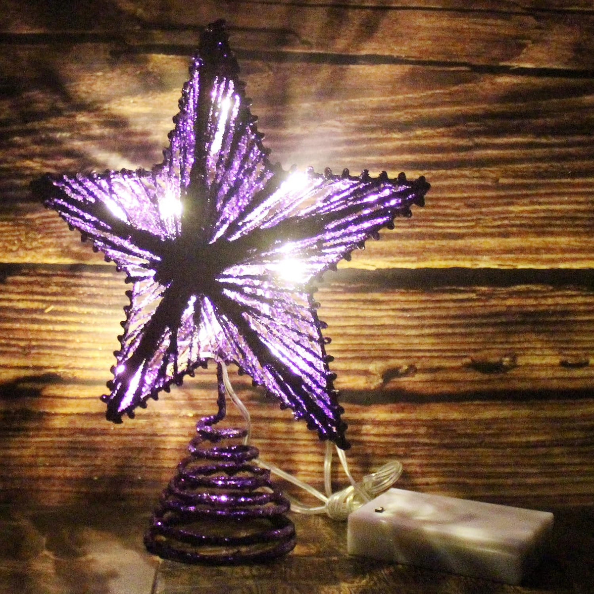 CVHOMEDECO. Purple Glittered 3D Tree Top Star with Warm White LED Lights and Timer for Christmas Tree Decoration and Holiday Seasonal Décor, 8 x 10 Inch
