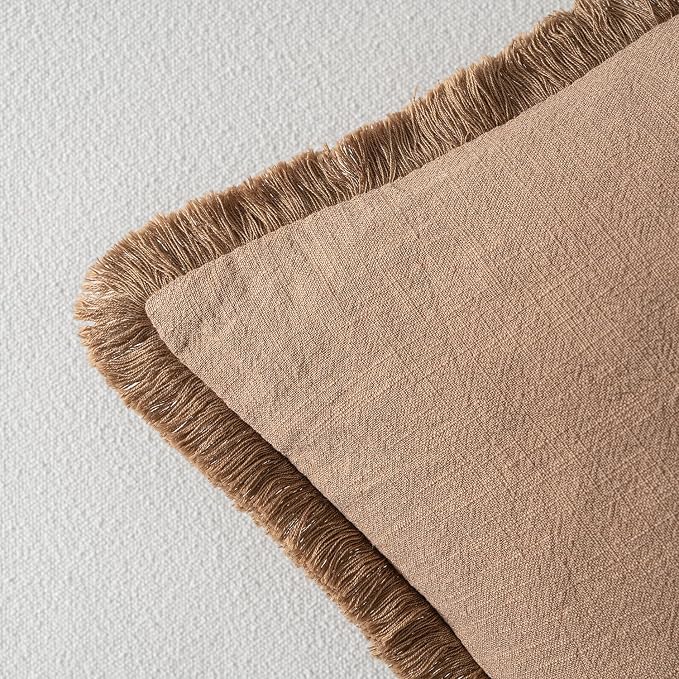 MIULEE Boho Linen Fringe Decorative Fall Throw Pillow Covers Brown 16x16 | Set - Image 3