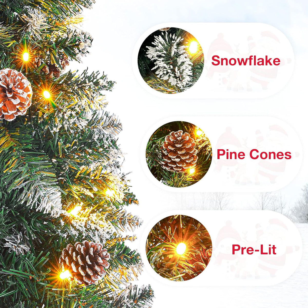 Homde Pencil Christmas Tree 5 Foot Pre-Lit Artificial Christmas Tree with Flocked Snow Pine Cone 140 Warm White Light Holiday Decor