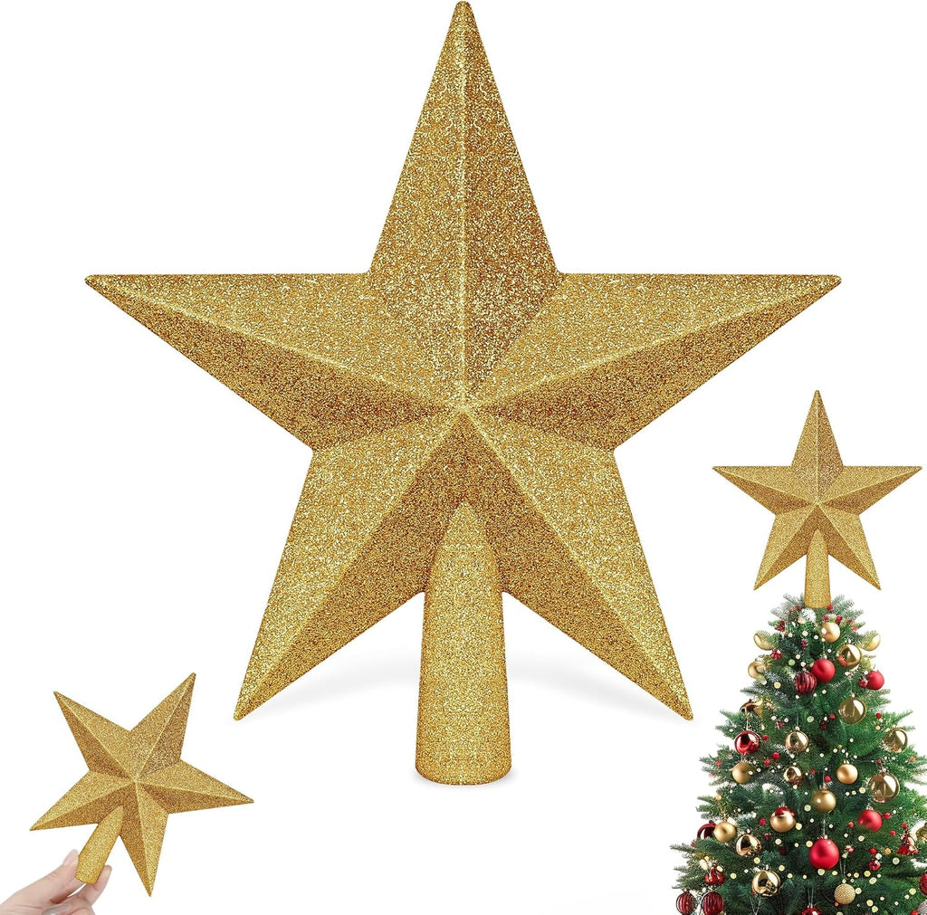 Christmas Tree Star Topper, 8" Gold Xmas Star Tree Decorations, 3D Shatterproof Bethlehem Star Tree Topper Decorations, Waterproof Christmas Tree Topper Decor for Holiday Home Outdoor Ornament