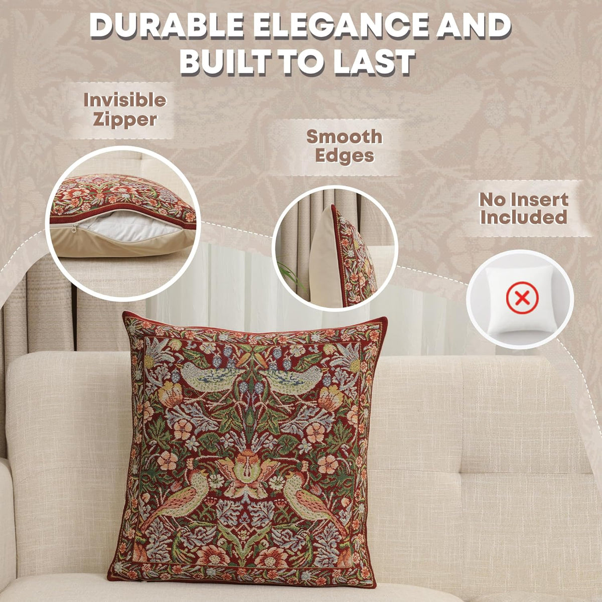 Charlotte Home Furnishings Throw Pillow Covers 16x16 in, Red Strawberry Decorative Couch Pillow Covers, Boho European Tapestry Cushion Cases, Living Room Cozy Home Decor, Jacquard Woven Soft Cotton