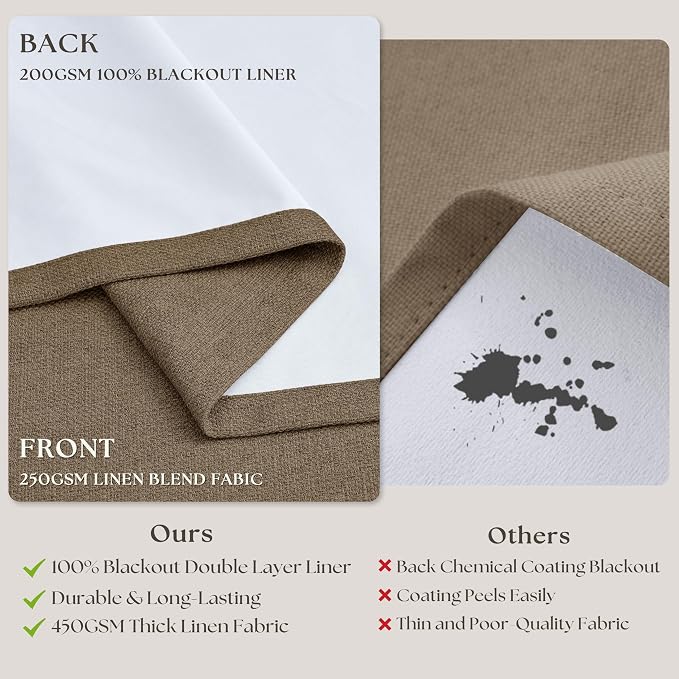 Latte 105 Inch Linen 100% Light Blocking Curtains Drapes 2 Panels Set | Pinch - Image 9