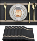 Black Placemats Set of 6 - Easy Clean Modern Durable Washable Vinyl Place Mats - Heat Resistant Placemats for Kitchen Table - PVC Table Mats for Dining Table (Black with Stripes, 6)