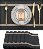Black Placemats Set of 6 - Easy Clean Modern Durable Washable Vinyl Place Mats - Heat Resistant Placemats for Kitchen Table - PVC Table Mats for Dining Table (Black with Stripes, 6)