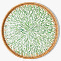 Round Rattan Tray with Mother of Pearl Inlay & Wooden Base - Decorative Wicker Serving Tray for Coffee/Bread/Fruits, Food Storage & Display - Multipurpose Home Decor (M,Green Leaves)
