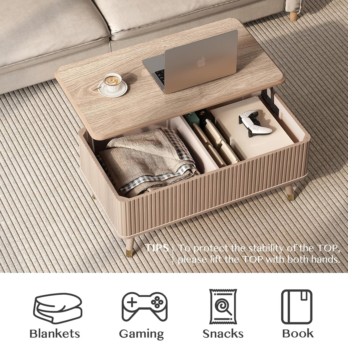 Lift Top Coffee Table with Storage Shelf & Hidden Compartment, Mid Century Modern Fluted Rectangle Dining Table for Living Room, Home Office, Natural Oak