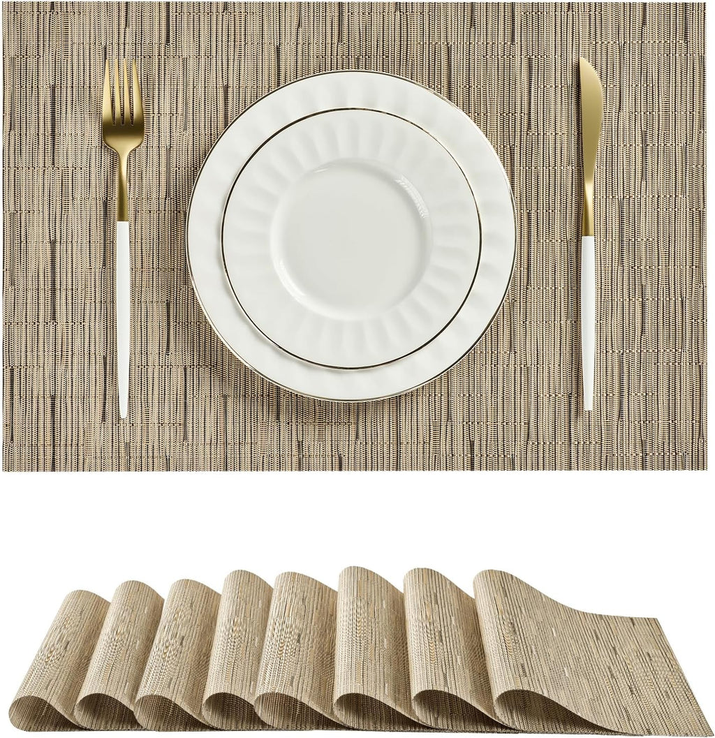 Leetaltree Light Brown Placemats Set of 8 - Heat Resistant Non-Slip Place mats for Dining Table, Washable Durable PVC Vinyl Woven Table Mats（Light Brown, 8）
