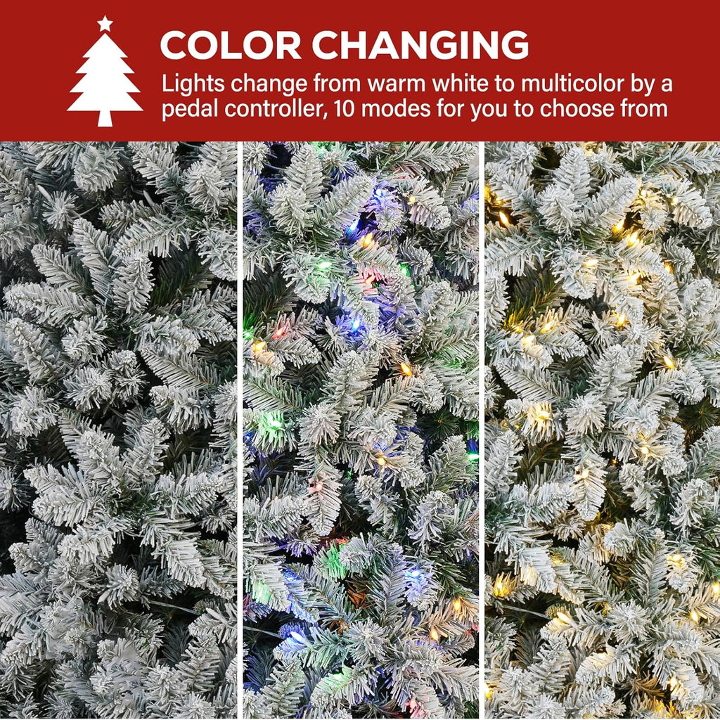 Hykolity 6 ft Prelit Christmas Tree with 250 Color-Changing LED Lights, Snow Flocked Artificial Christmas Tree with 1032 Tips, Metal Stand and Hinged Branches, 10 Colors