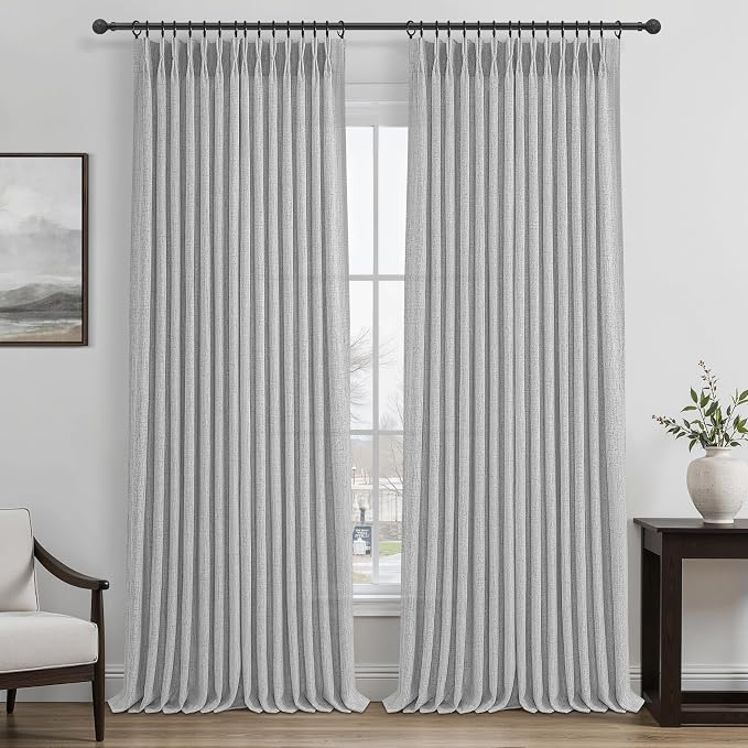 Linen Textured Sheer Light Grey Curtains 102 Inches Long by PleatedDrapes