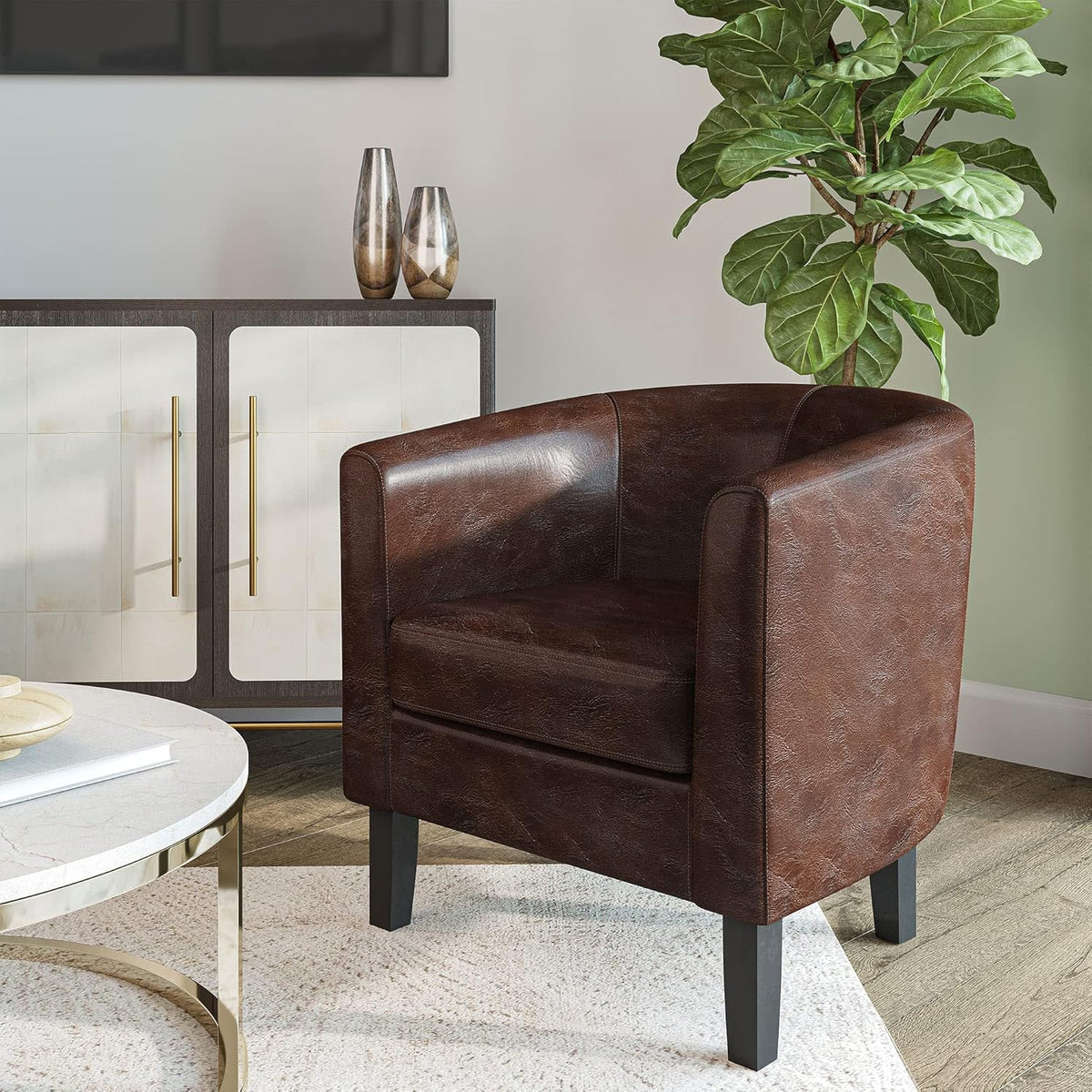 BELLEZE Accent Barrel Chair, Set of 2 Faux Leather Round Club Tub Sofa Corner Chair with Flared Legs and Cozy Soft Padding for Living Room Bedroom Waiting Room - Caramel