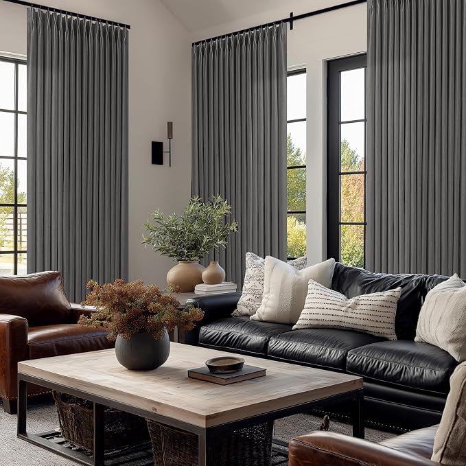 Pinch Pleat Flax Linen Semi Sheer Memory Shape Curtains Charcoal Grey 50x84 | - Image 7