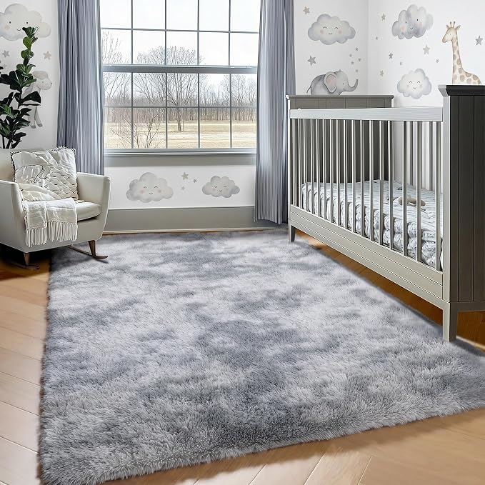 Area Rugs for Bedroom Living Room, 4x6 Tie-Dyed Light Grey Fluffy Shaggy - Image 8