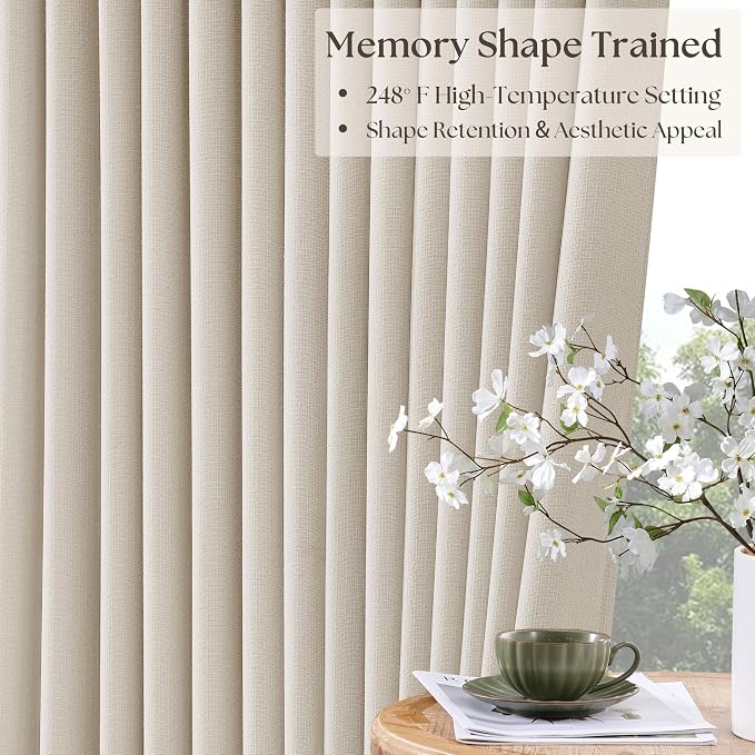Natural Linen Blackout Pleated Curtains 108 Inches Long 2 Panels | Pinch Pleat - Image 4