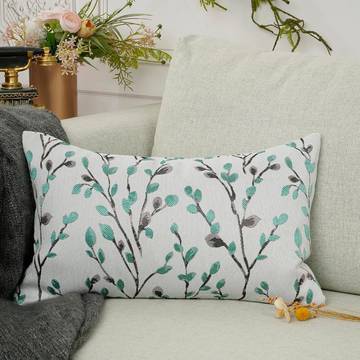 YOUR SMILE Classical Embroidery Jacquard Green Square Decorative Throw Pillow Case Cushion Cover,12x20 inch