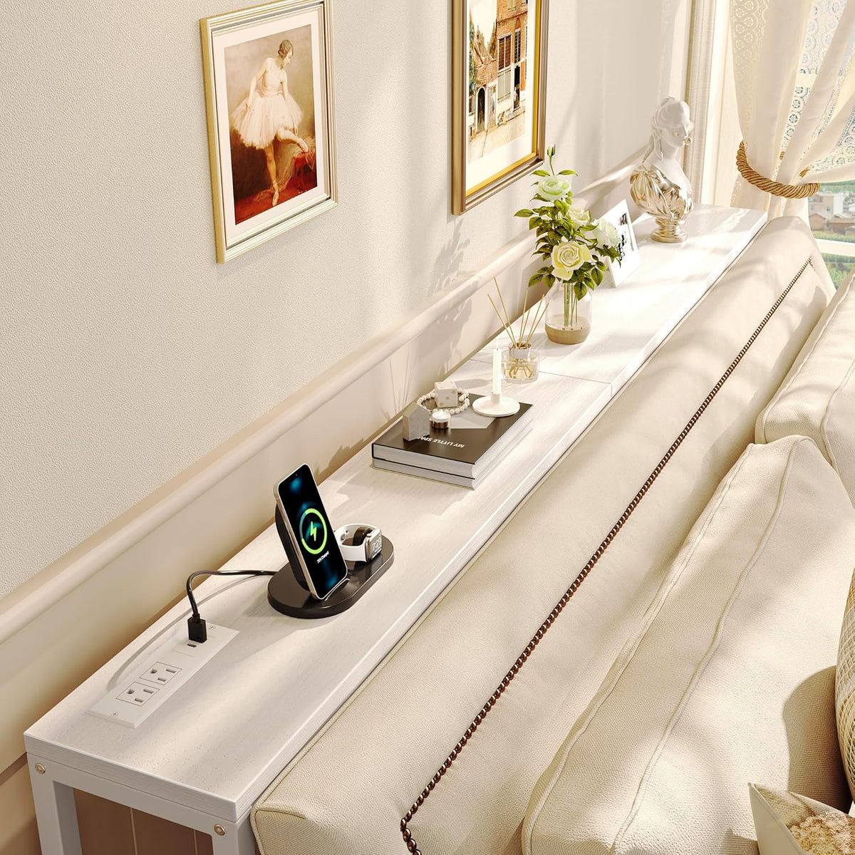 SUPERJARE 70 Inch Console Table with Outlet, Sofa Table with Charging Station, Narrow Entryway Table, Skinny Hallway Table, Behind Couch Table, for Living Room, White