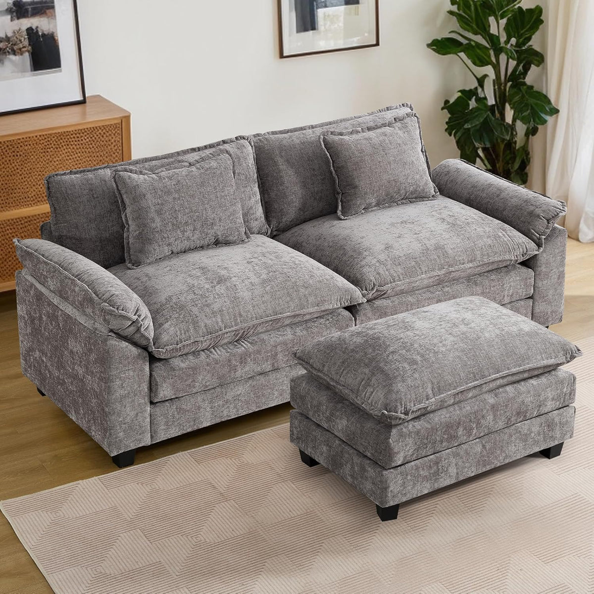 URRED Modular Sectional Sofa Comfy Cloud Couch, Modern Chenille Sofa Sleeper Deep Seat Couches with Ottoman/Pillows for Living Room (Gray, 82.6''- L Shape)