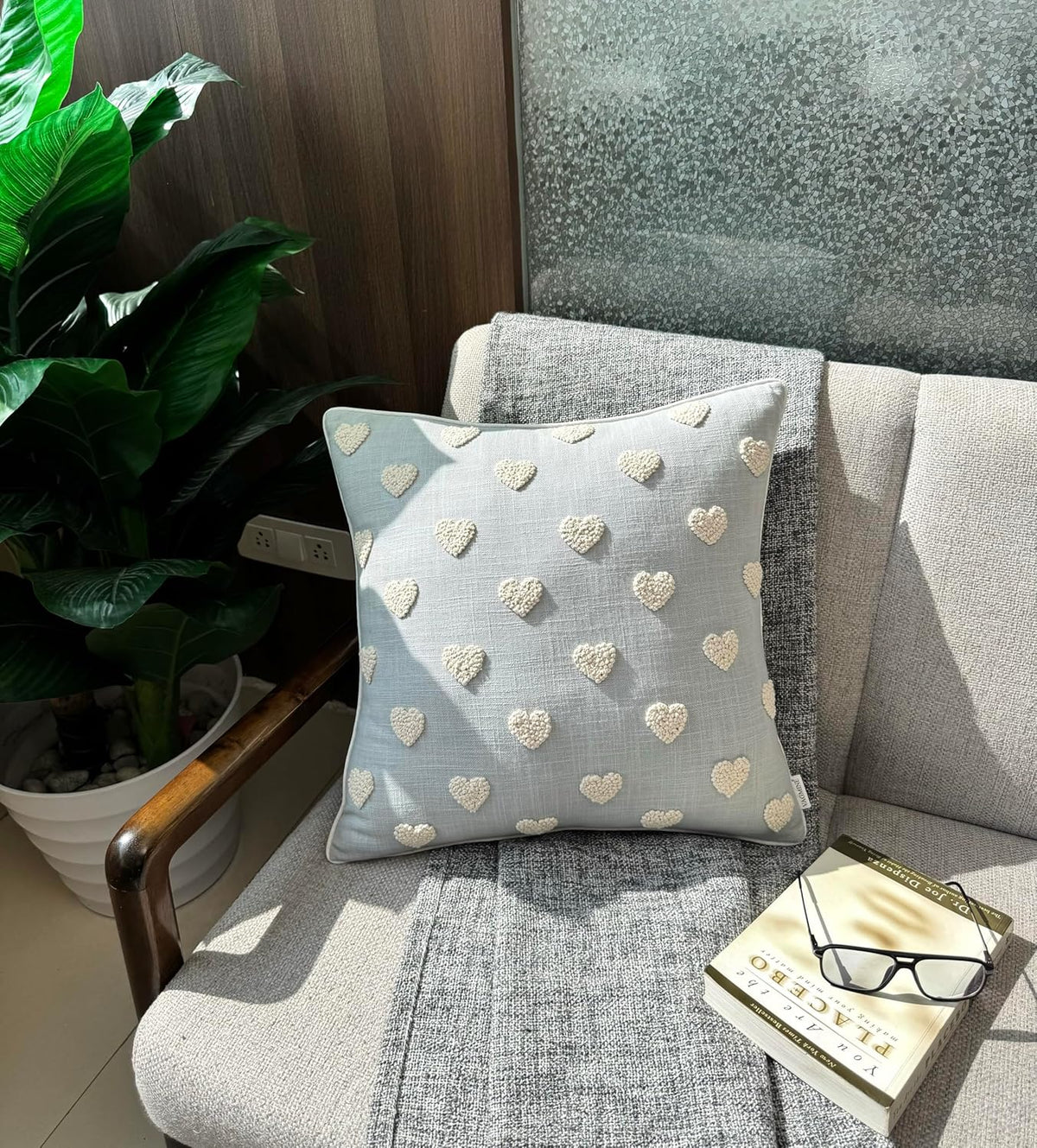 VAGMINE Hand Embroidered French Knotted Hearts Pillow Cover - 18x18 Inches Square - 100% Cotton Robins Egg Decorative Cushion Cover - Romantic Gift for Couples - Valentine’s Bedroom Decor
