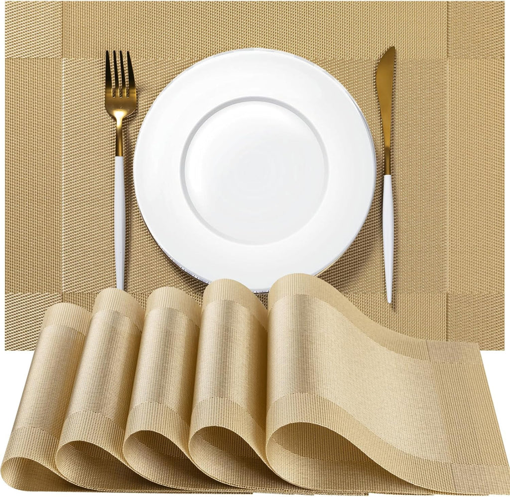 Placemats Set of 4 - Easy Clean Woven Vinyl Placemats for Dining Table, Indoor/Outdoor Place Mats, Washable PVC Table Mats（Gold Cube）