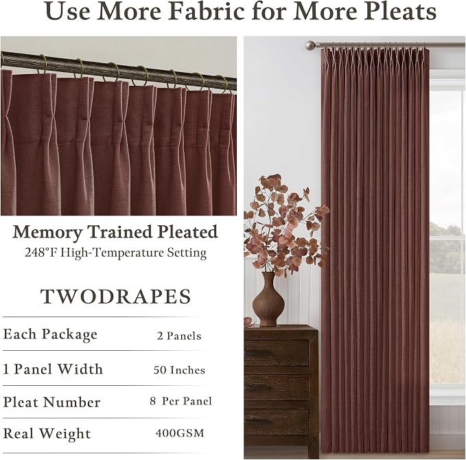 Thick Linen Pleated Chestnut Brown Semi Sheer Curtains - Image 4