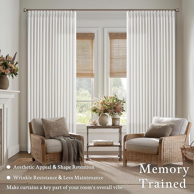 105 Inch Beige White Linen Light Filtering Sheer Pleated Curtains 50x105 | - Image 2