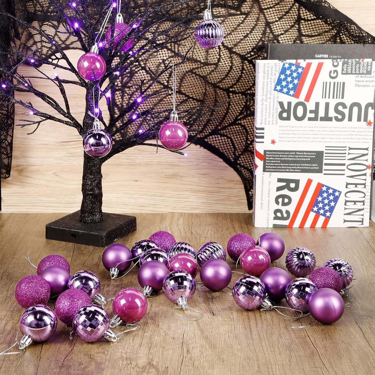 Lulu Home Halloween Hanging Ornaments, 34 Ct 1.57" Pre-Strung Plastic Balls, Shatterproof Barrel Packed Balls for Holiday Party Wreath Tabletop Tree Decorations, Purple