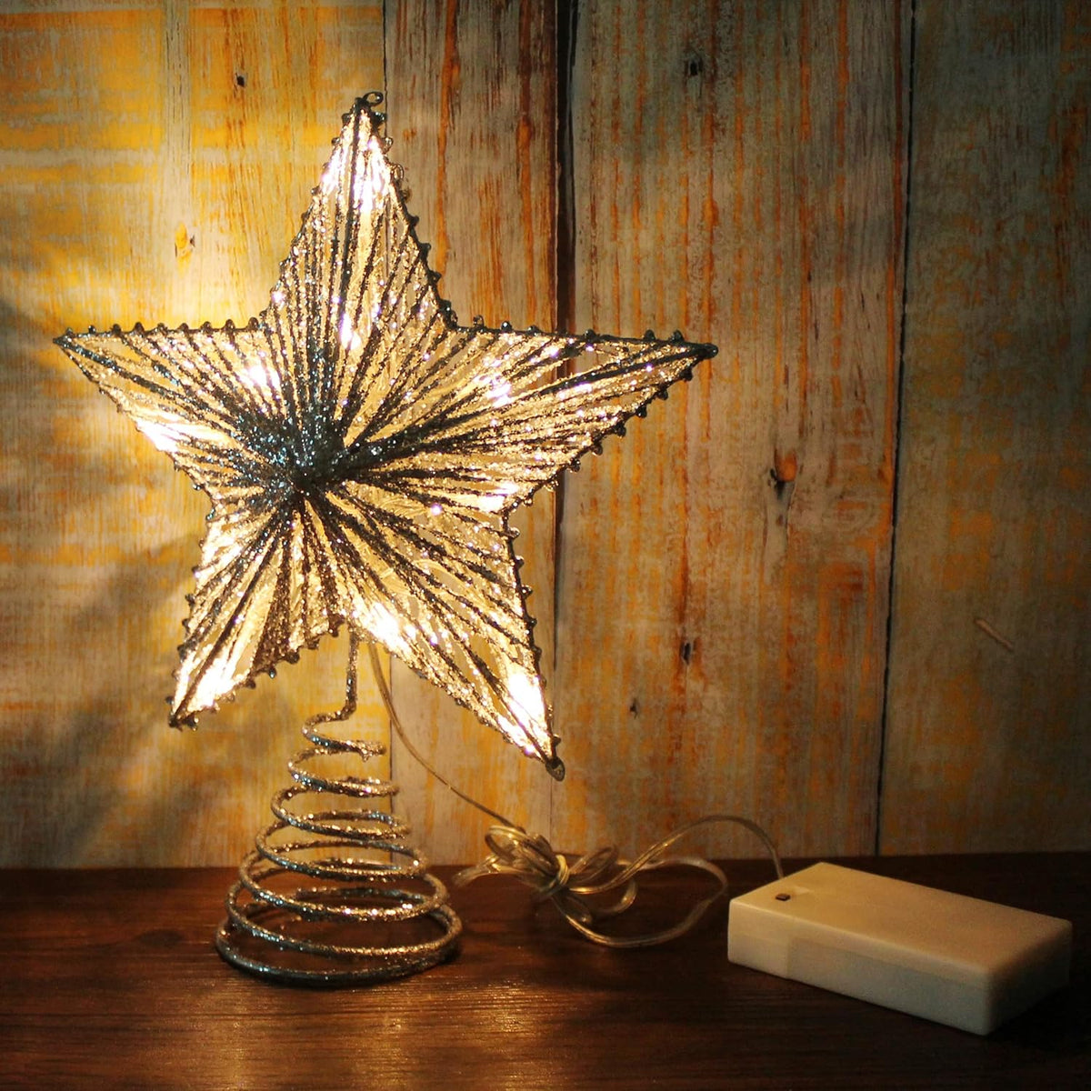 CVHOMEDECO. Silver Glittered 3D Tree Top Star with Warm White LED Lights and Timer for Christmas Tree Decoration and Holiday Seasonal Décor, 8 x 10 Inch
