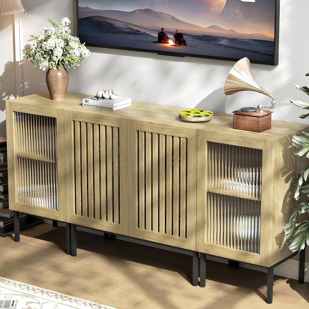 Farmhouse TV Stand for TVs up to 70 Inch, Entertainment Center TV Console with Storage Cabinets and Glass Doors,Media Console for Living Room,Oak