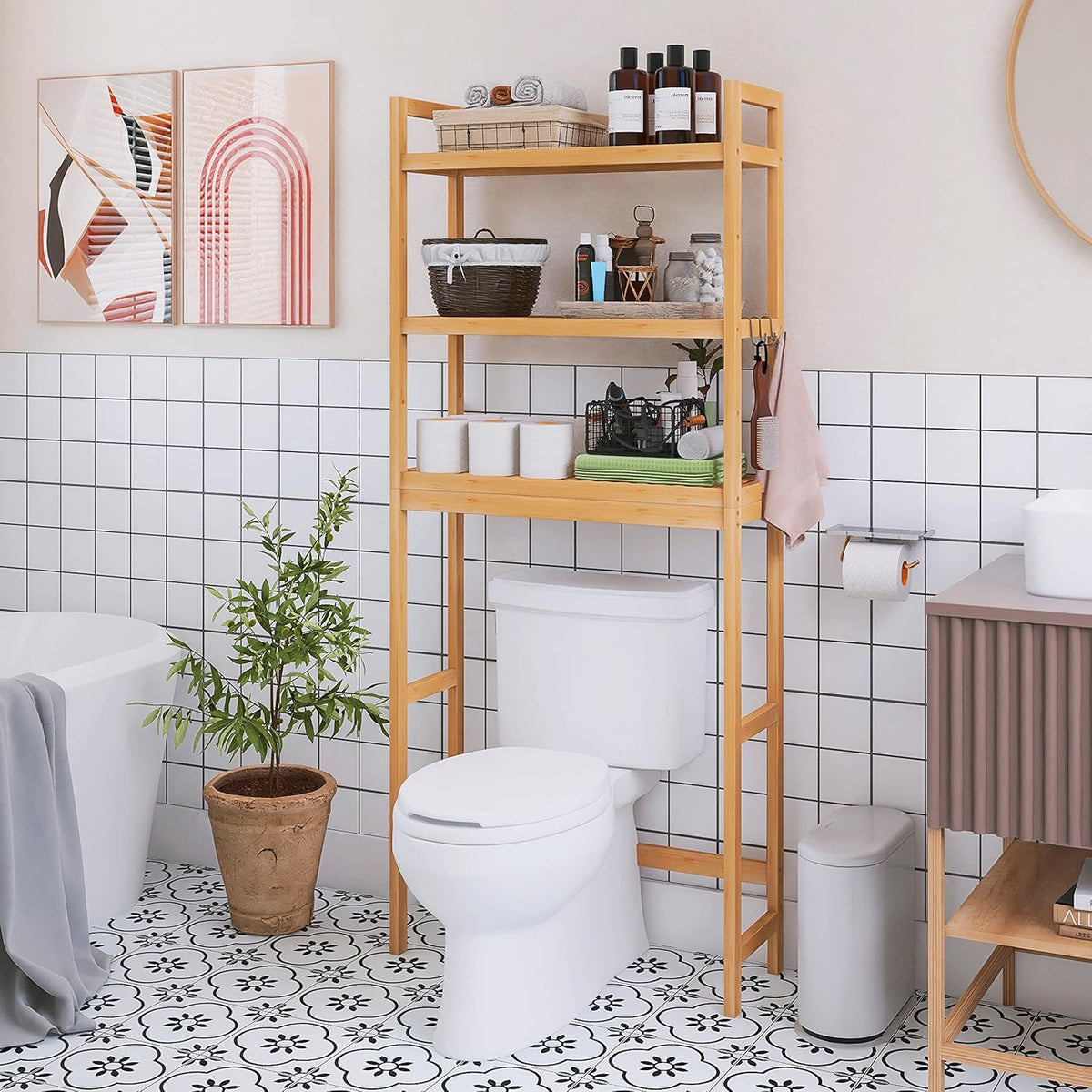 SMIBUY Bathroom Storage Shelf, Bamboo Over-The-Toilet Organizer Rack, Freestanding Toilet Space Saver with 3-Tier Adjustable Shelves (Natural)