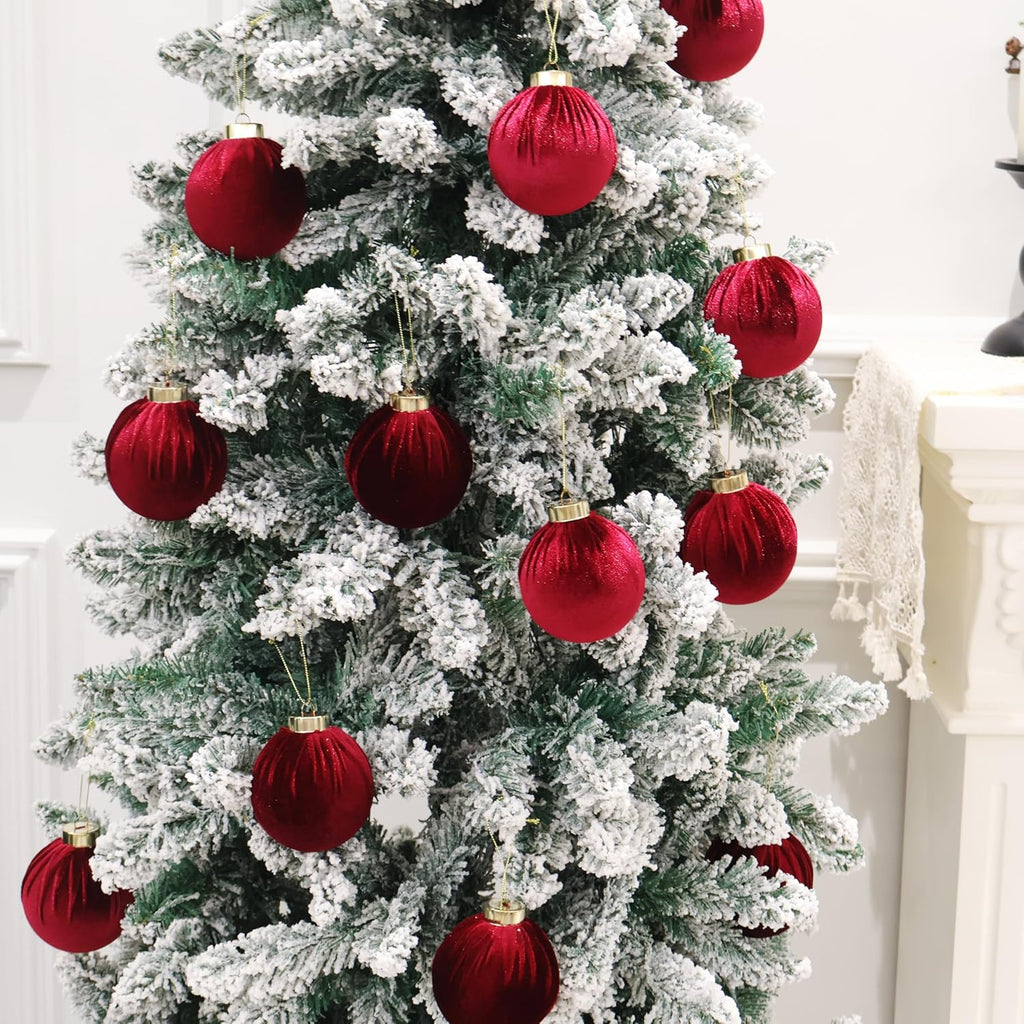 6inch Big Burgundy Velvet Christmas Ornaments, 2pcs Flocked Ornaments Balls Sets for Christmas Tree Decorations