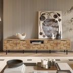Modern TV Stand for TVs up to 85", Mid-Century Media Console with Checkered Cabinet Doors, Storage Drawers & Open Shelves, Wood Entertainment Center with Metal Legs