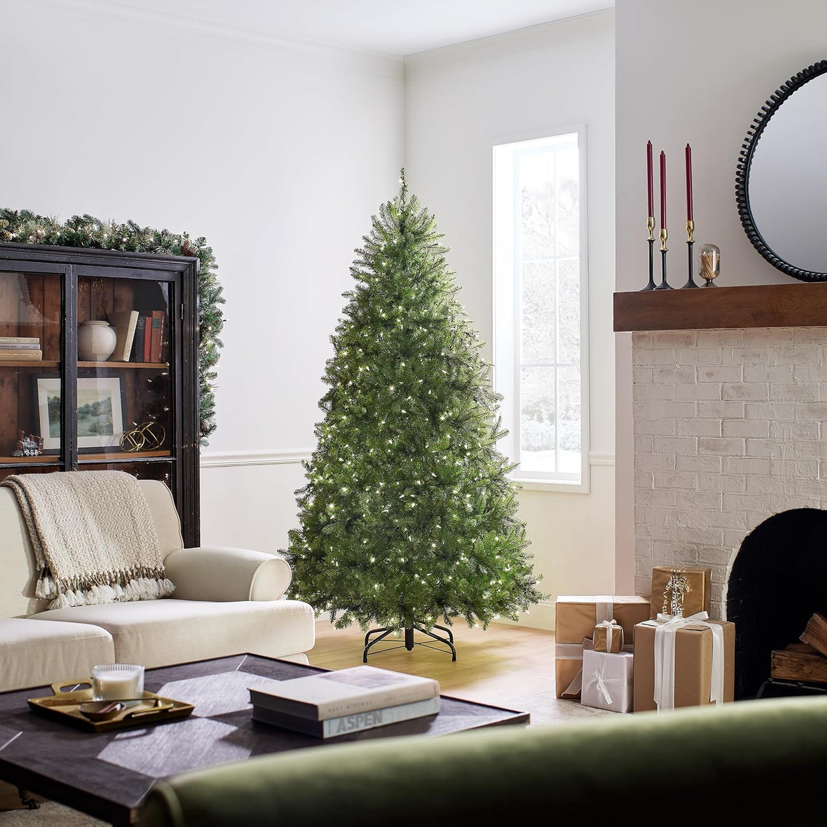 National Tree Company Pre-Lit Artificial Full Christmas Tree, Green, Dunhill Fir, Dual Color LED Lights, Includes PowerConnect and Stand, 7 Feet