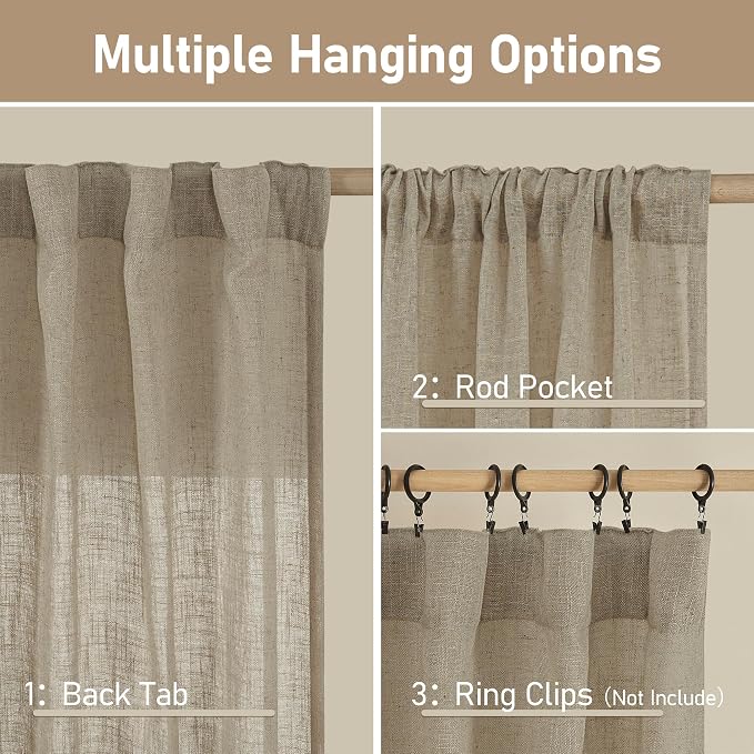 Taupe Semi Sheer Linen Curtains 2 Panels Set Light Filtering Panels | Linen - Image 3