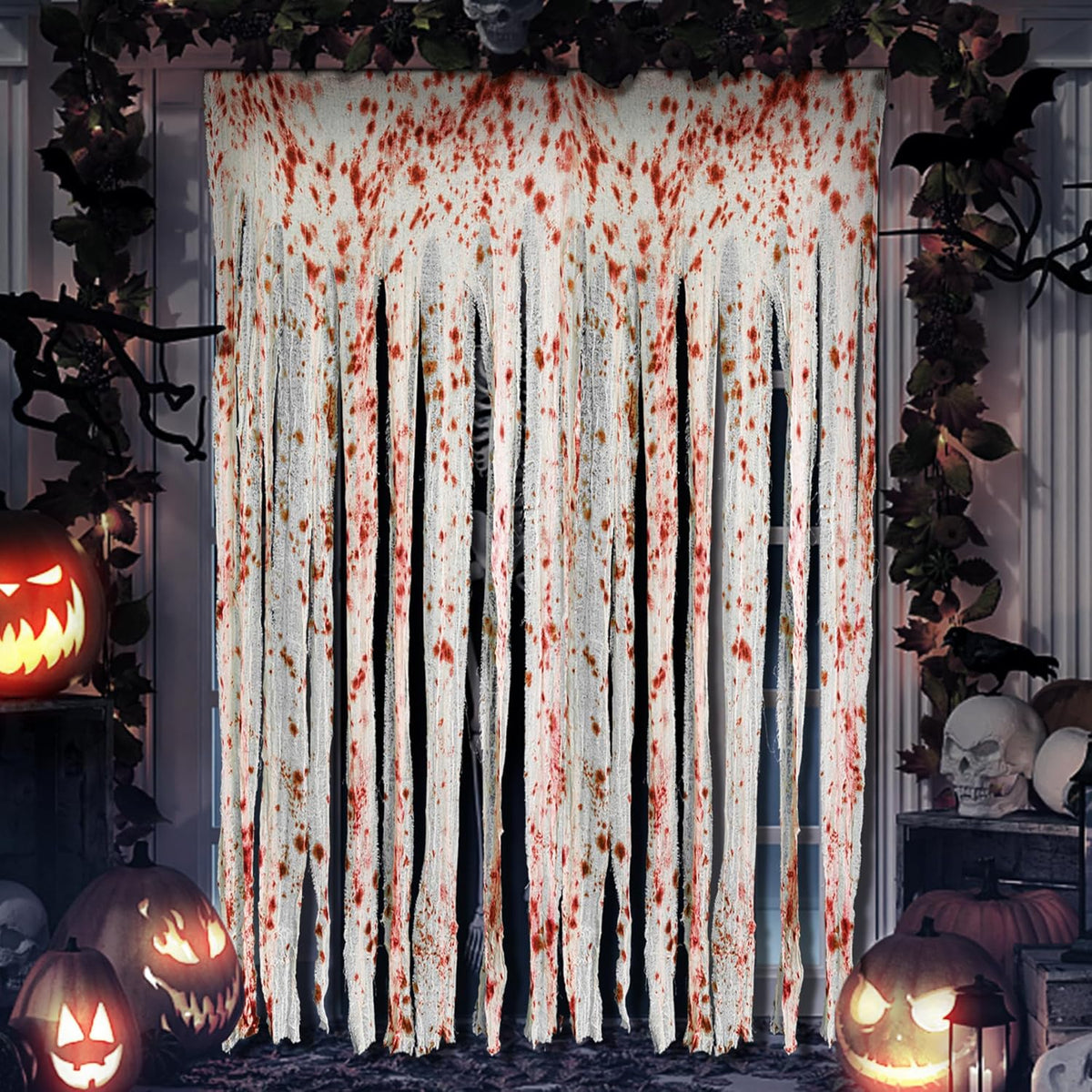 RunNico 85" x 60" 2pcs Halloween Door Curtain Decoration with Bloody Hand Prints - Bloody Doorway Curtain Halloween Creepy Cloth for Haunted House, Horror Theme Party