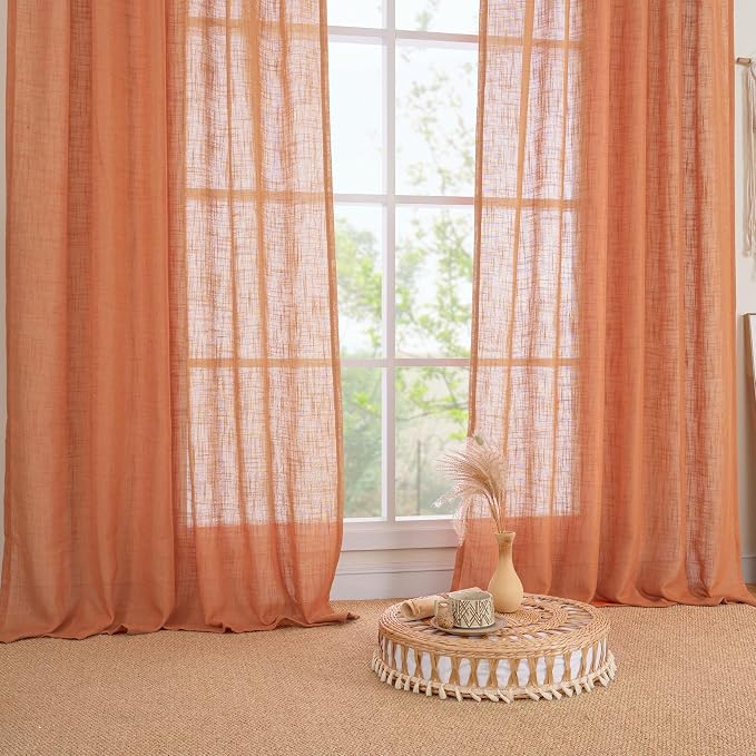 Burnt Orange Semi Sheer Window Linen Curtains 63 Inch Length | Light Filtering - Image 9