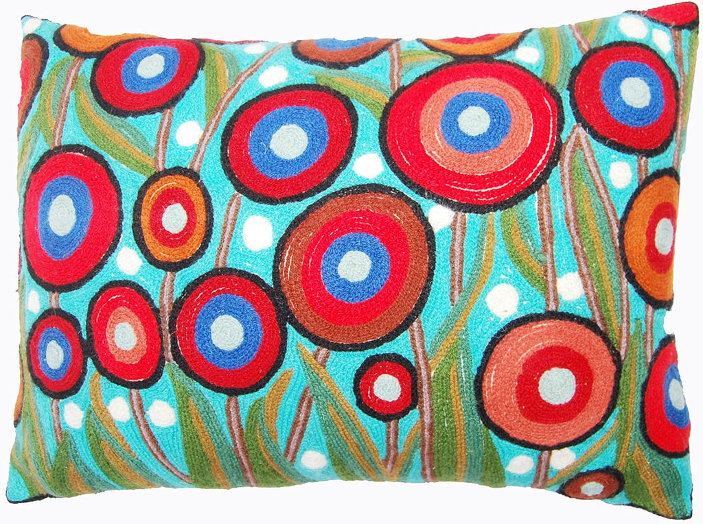 Lumbar Poppy Design Floral Pillow Cover Turquoise Blue Poppies Flower Pillowcase Farmhouse Chair Cushion Floral Botanical Pillowsham Hand Embroidered Size 14x20
