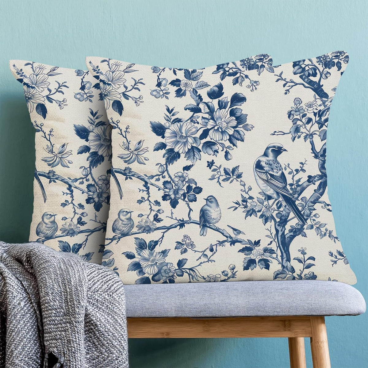 Navy Blue Spring Floral Pillow Covers 16 x 16 Inch Set of 2 for Vintage Chinoiserie Flowers Bird Decor Throw Pillows Plant Farmhouse Outdoor Decorative Cushion Cases for Couch Bed Decorations
