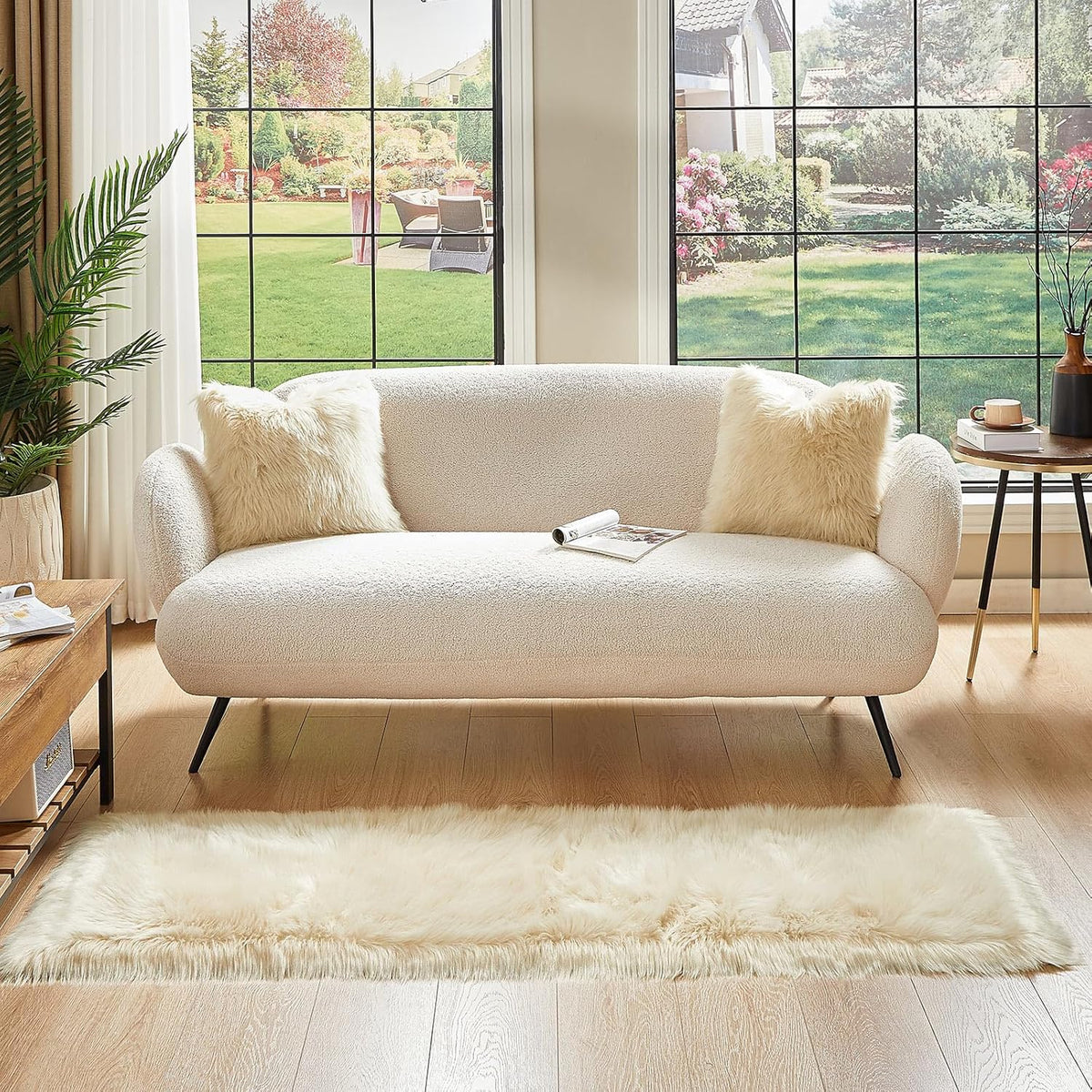 AMTOVO Faux Fur Rug, Beige Ultra Soft Fluffy Shag Sheepskin Rug, 2 x 6 ft Runner Area Rugs for Bedroom Sofa Throw Cushion Room Decor, Rectangle