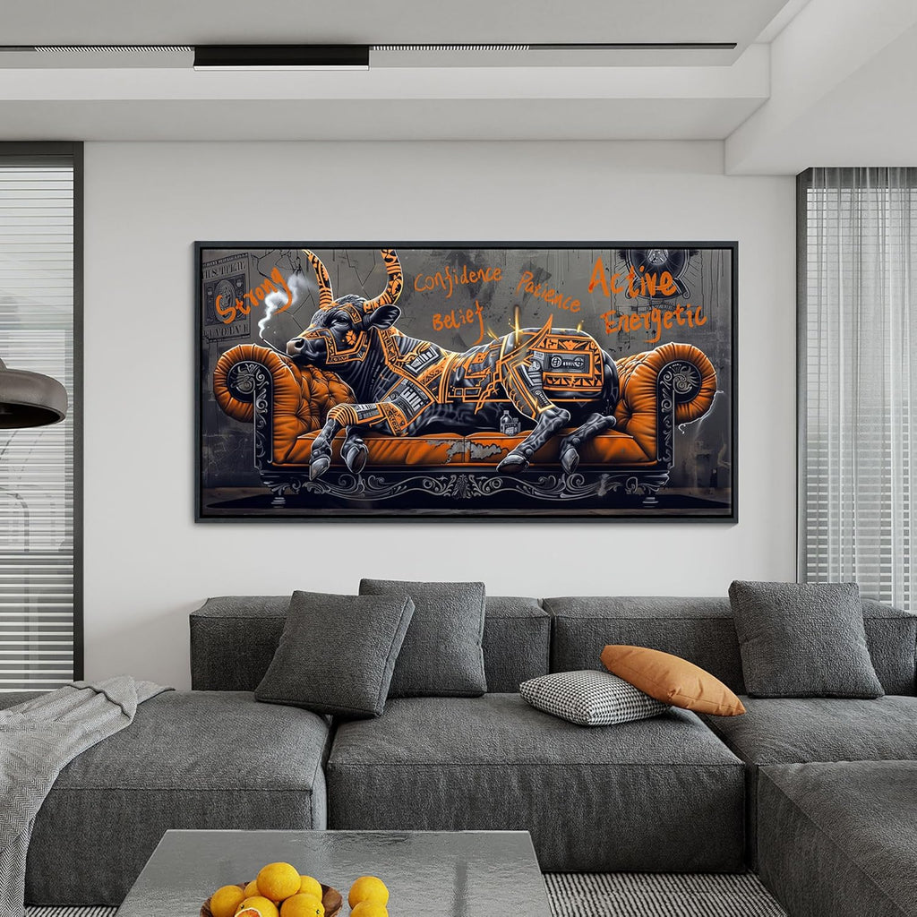 JEAWA Framed Canvas Wall Art - Large Creative Wall Art for Bedroom Living Room Bathroom, Modern Artwork Decor for Home Decoration, Strong Bull Color Graffiti, 29x58 IN