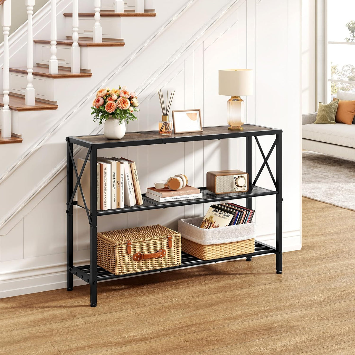 Hoctieon Industrial Console Table, 3 Tier Entryway Table, Hallway Table, Narrow Sofa Table with Shelves, Entrance Table for Entryway, Living Room, Foyer, Hallway, Office, Grey