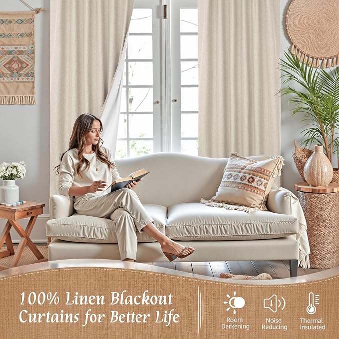 84 Inch Oatmeal 100% Blackout Linen Curtains - Image 2