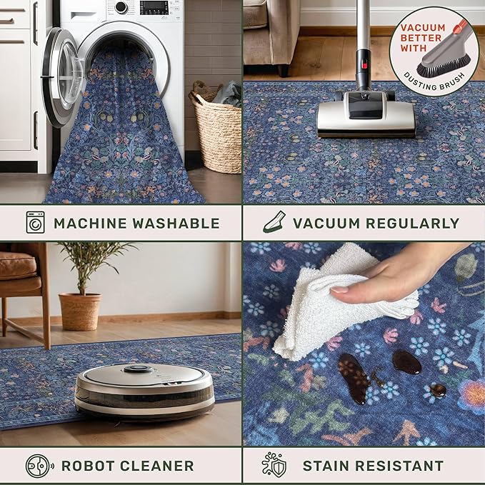 Vintage Dark Blue Living Room Rug, 7x10 Washable Large Area Rugs - Image 4