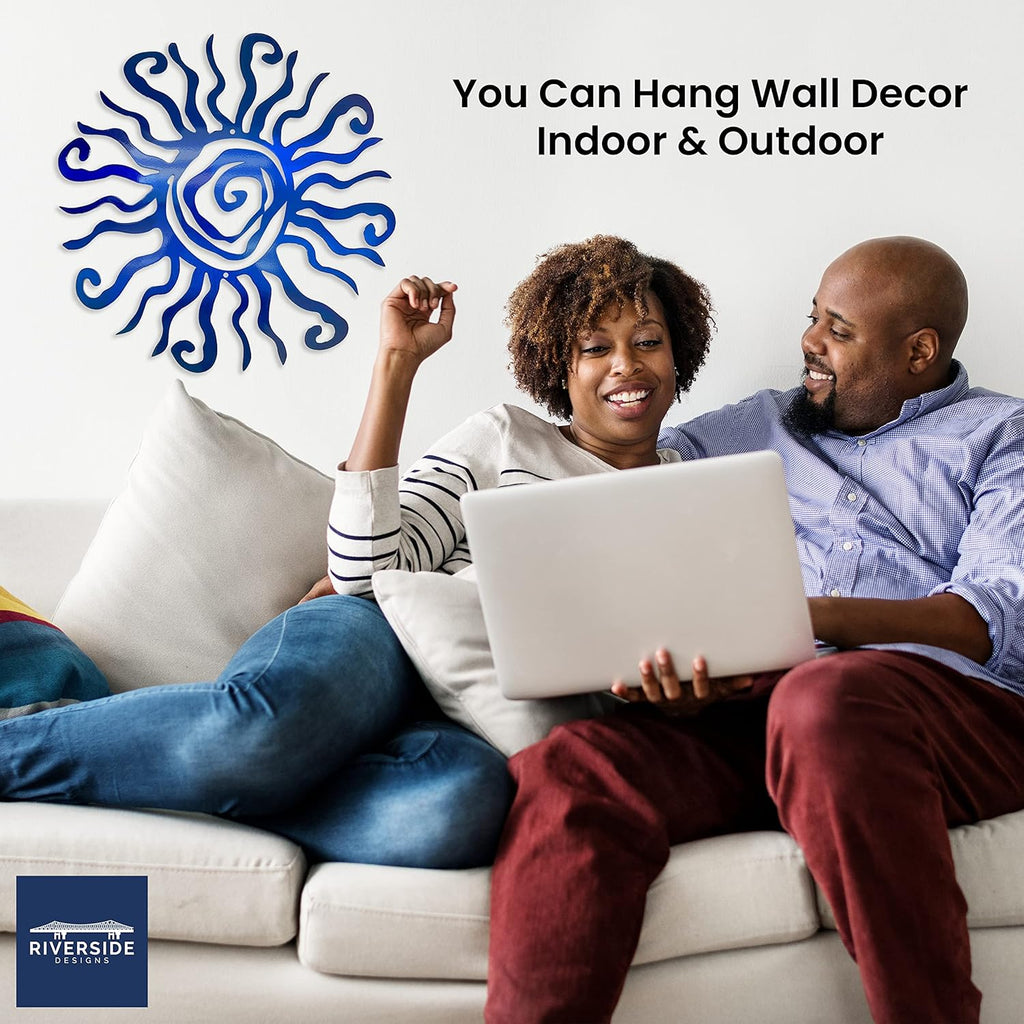 Riverside Designs Wacky Sun Metal Wall Art Indoor/Outdoor Decor - 12" Blue, Rust Proof Wall Sculpture - Made in USA - Ideal for Bedroom, Garden, Home, Patio and Farmhouse